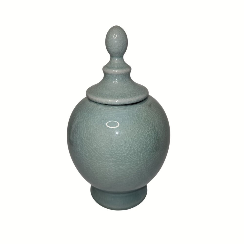 Round Ceramic Decorative Jar With Lid - Crackled Light Teal Glaze Finish